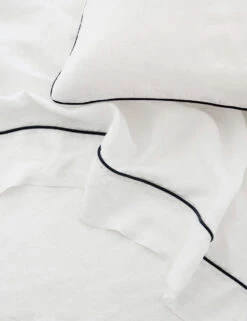 European Flax Piped Linen Flat Sheet By Cultiver -Household Supplies Shop CULTIVER White Navy